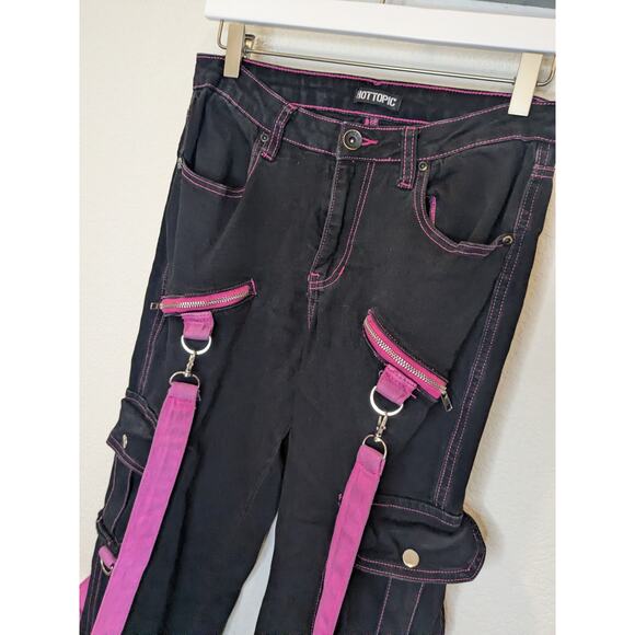 Vintage 90s Y2K HOT TOPIC Trip Rave Cargo Pants Stars Pink Black Womens Size 9 - Picture 3 of 10